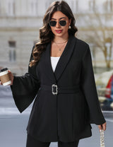 Women Plus Size Elegant Belt Buckle Flare Sleeve Blazer