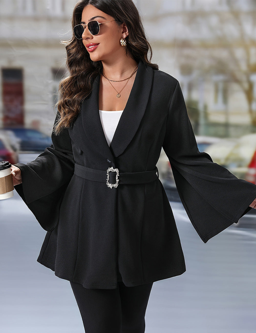 Women Plus Size Elegant Belt Buckle Flare Sleeve Blazer