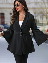 Women Plus Size Elegant Belt Buckle Flare Sleeve Blazer