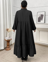 Women Plus Size Elegant Black Embroidered Notch Neck Maxi Dress