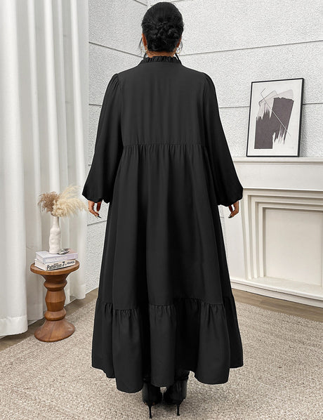 Women Plus Size Elegant Black Embroidered Notch Neck Maxi Dress