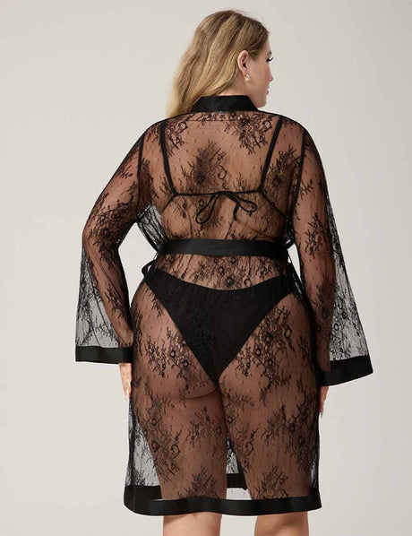 Women Plus Size Elegant Black Lace Sheer Robe