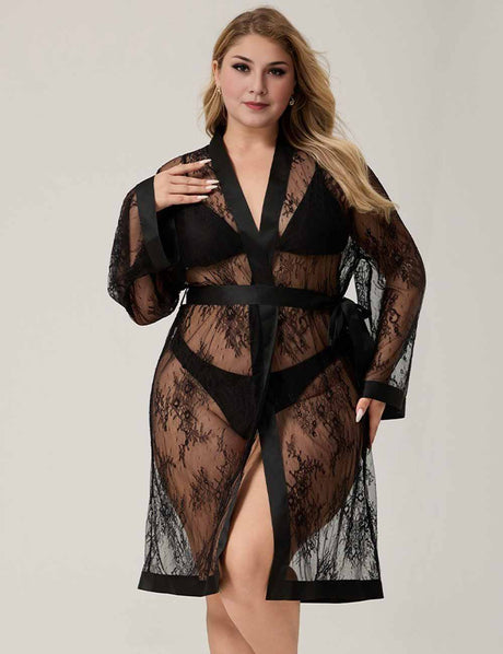 Women Plus Size Elegant Black Lace Sheer Robe