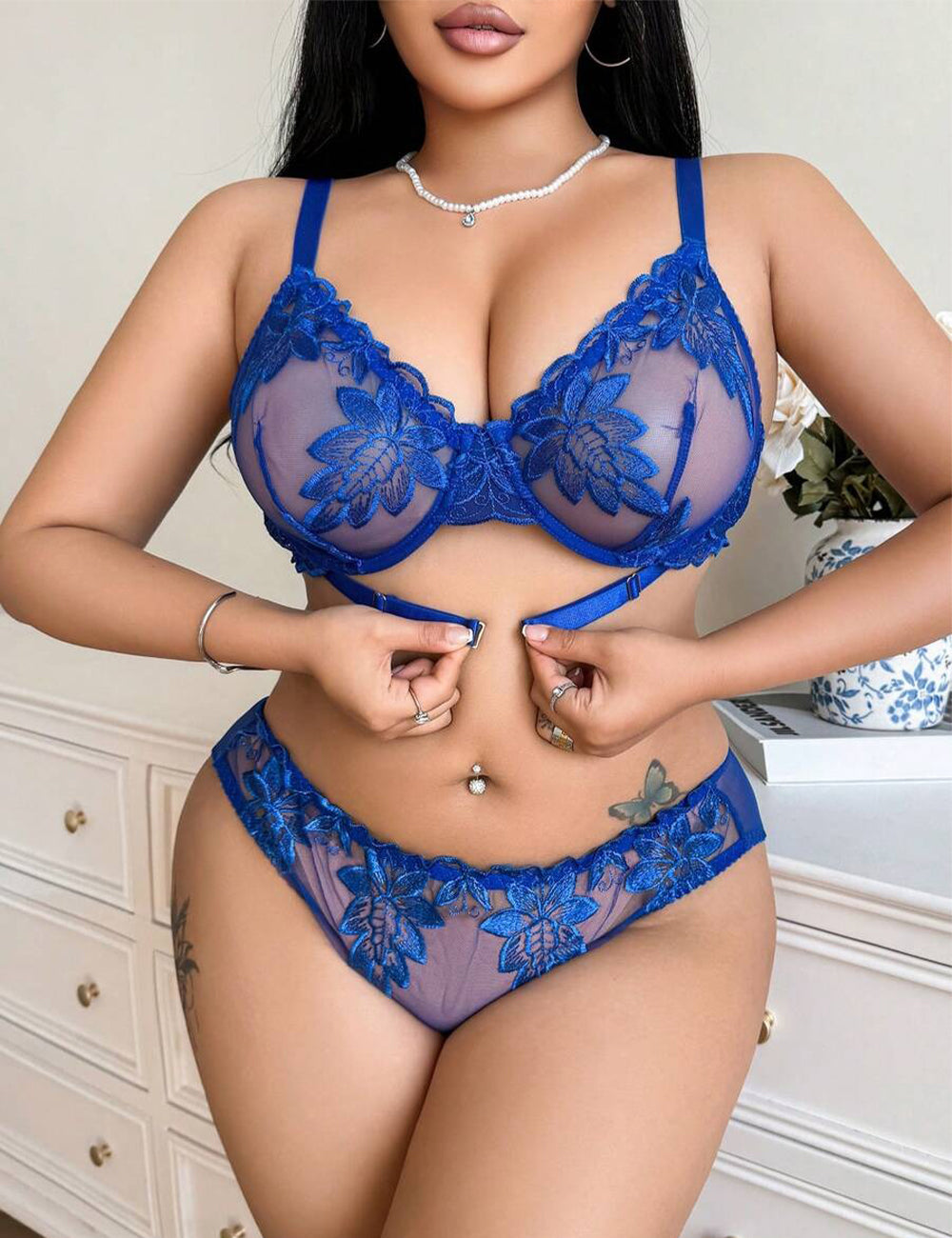 Women Plus Size Elegant Blue Embroidered Bra Set