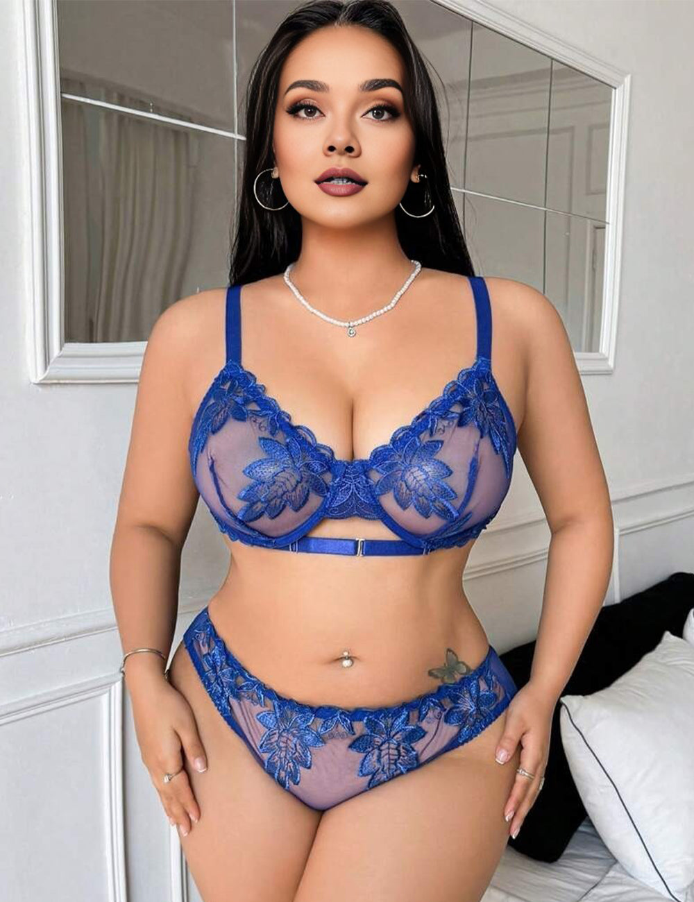 Women Plus Size Elegant Blue Embroidered Bra Set