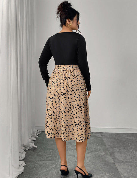 Women Plus Size Elegant Contrast Leopard Belted Dress