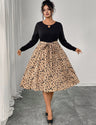 Women Plus Size Elegant Contrast Leopard Belted Dress