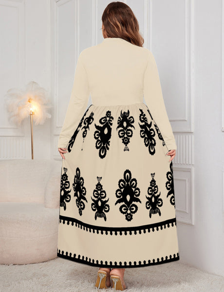 Women Plus Size Elegant Contrast Print Maxi Dress