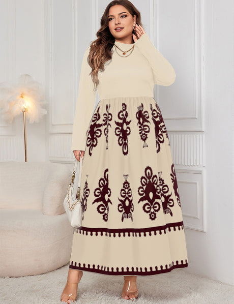 Women Plus Size Elegant Contrast Print Maxi Dress