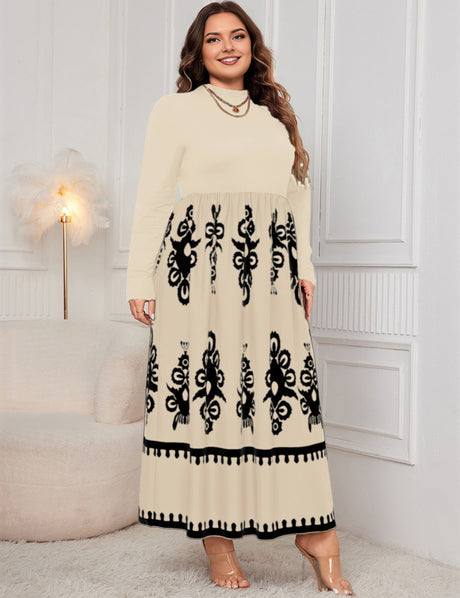 Women Plus Size Elegant Contrast Print Maxi Dress