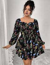 Women Plus Size Elegant Floral Print Square Neck Mini Dress