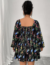 Women Plus Size Elegant Floral Print Square Neck Mini Dress