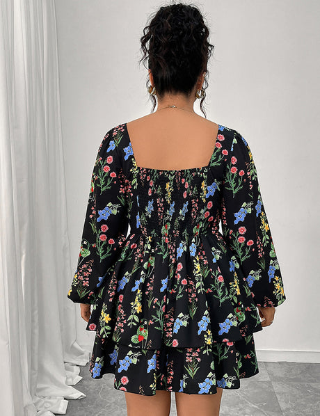 Women Plus Size Elegant Floral Print Square Neck Mini Dress