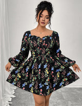 Women Plus Size Elegant Floral Print Square Neck Mini Dress