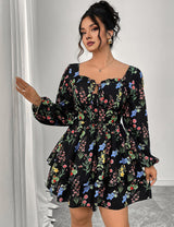 Women Plus Size Elegant Floral Print Square Neck Mini Dress