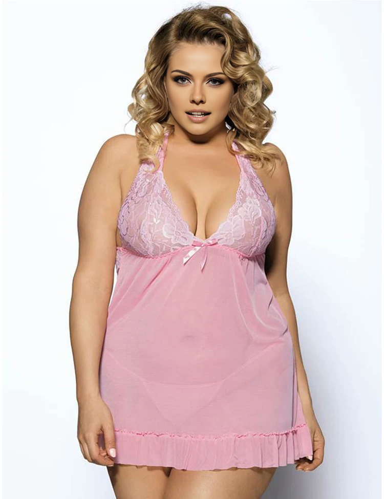 Women Plus Size Elegant Lace Cup Sheer Backless Babydoll-1