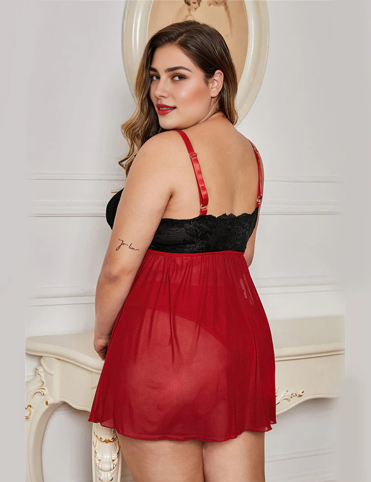 Women Plus Size Elegant Lace Cup Sheer Backless Babydoll-5