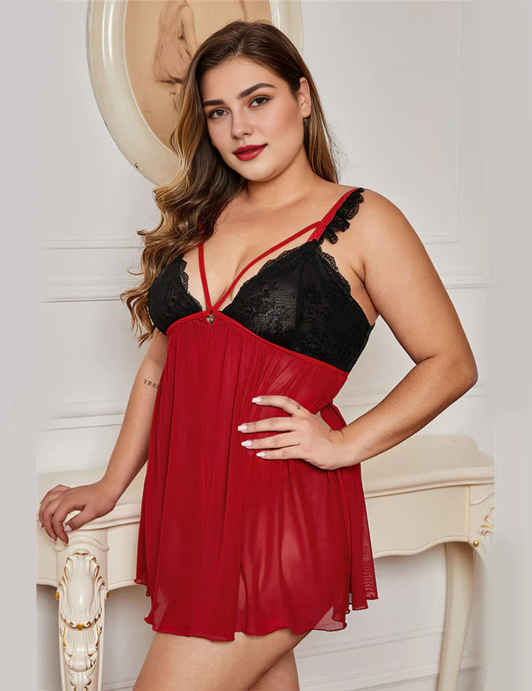Women Plus Size Elegant Lace Cup Sheer Backless Babydoll