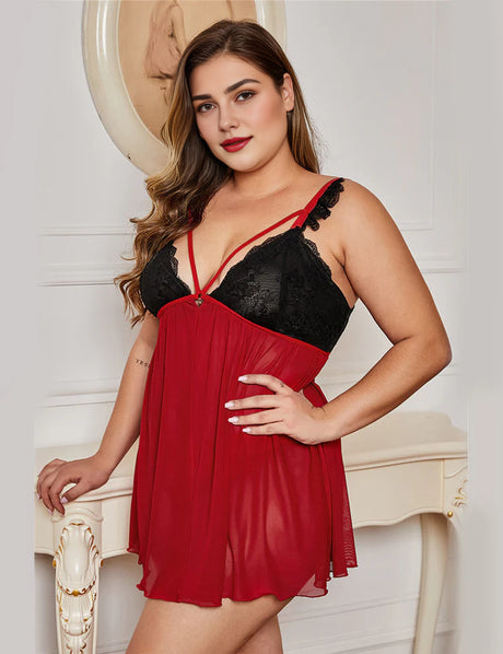 Women Plus Size Elegant Lace Cup Sheer Backless Babydoll