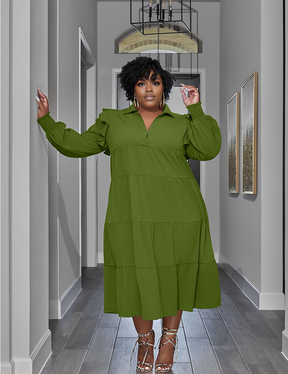 Women Plus Size Elegant Ladies Shirt Collar Cake Skirt Dress-1