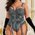 Women Plus Size Elegant Lashes Velvet Lace Plus Size Garter Bodysuit-6