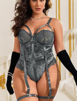 Women Plus Size Elegant Lashes Velvet Lace Plus Size Garter Bodysuit-6