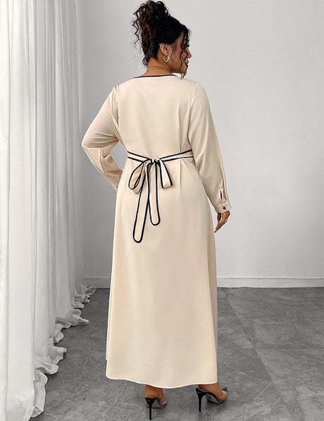 Women Plus Size Elegant V-Neck Buttoned Waist Tied Dress