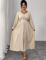 Women Plus Size Elegant V-Neck Buttoned Waist Tied Dress