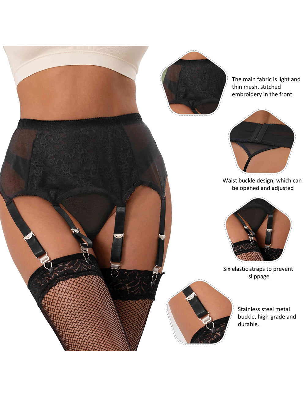 Women Plus Size Embroidery Mesh Sexy And G String Lingerie Set Garter Belts-2