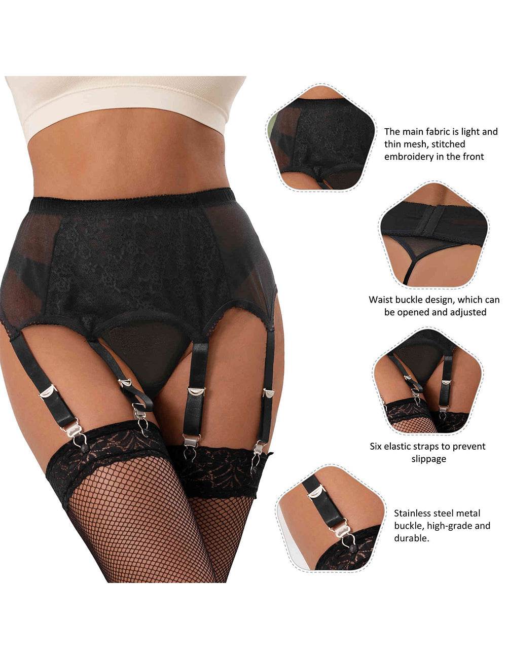 Women Plus Size Embroidery Mesh Sexy And G String Lingerie Set Garter Belts - PRUSES