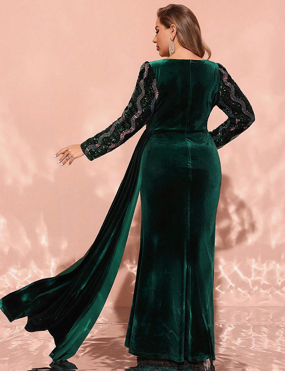 Women Plus Size Emerald Green Velvet Sequin Bodycon Evening Dress
