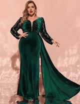 Women Plus Size Emerald Green Velvet Sequin Bodycon Evening Dress