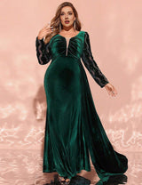 Women Plus Size Emerald Green Velvet Sequin Bodycon Evening Dress