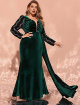 Women Plus Size Emerald Green Velvet Sequin Bodycon Evening Dress