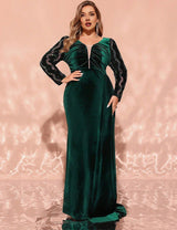 Women Plus Size Emerald Green Velvet Sequin Bodycon Evening Dress