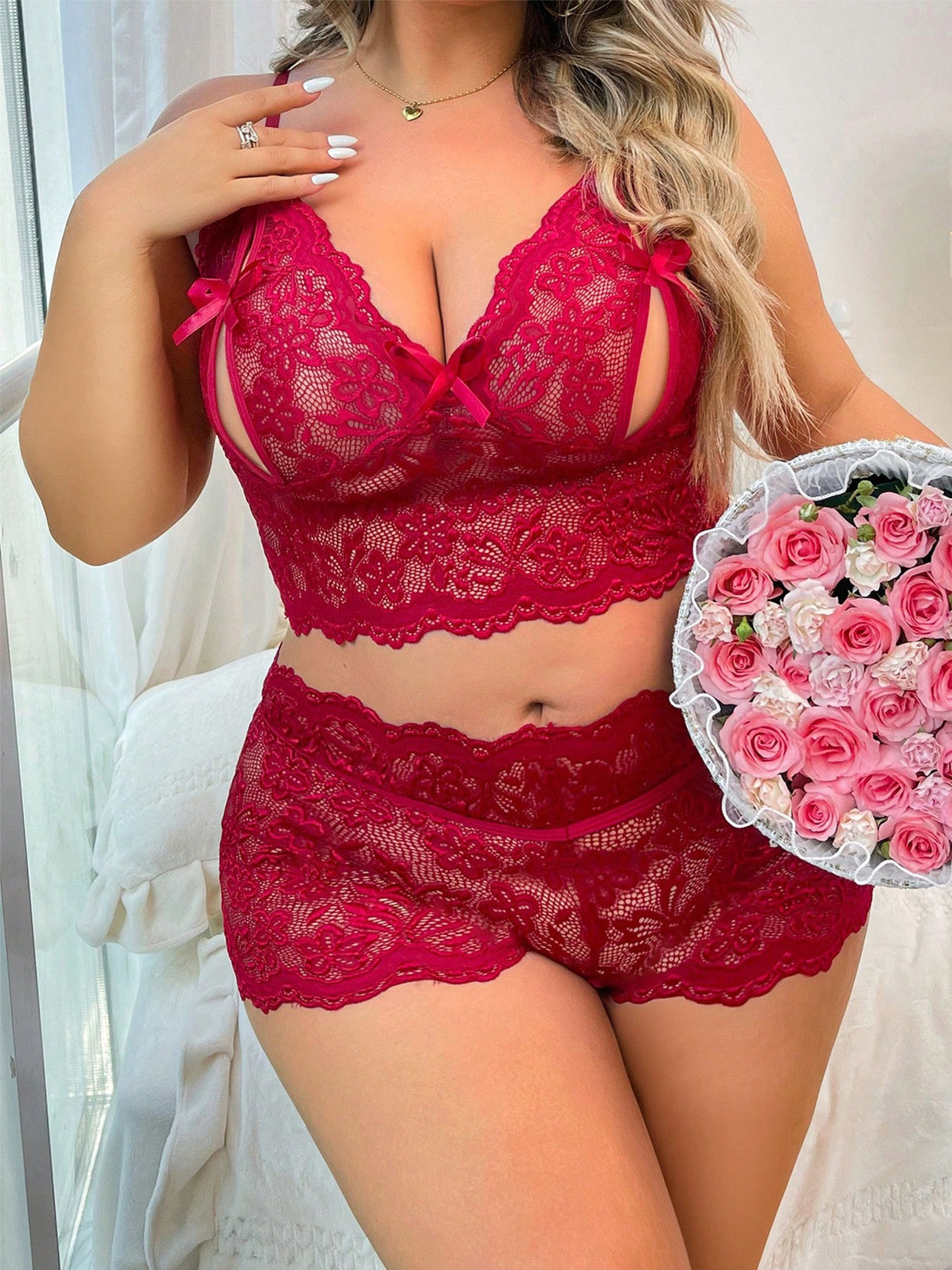 Women Plus Size Erotic Lace Cut-Out Bra Set | PRUSES