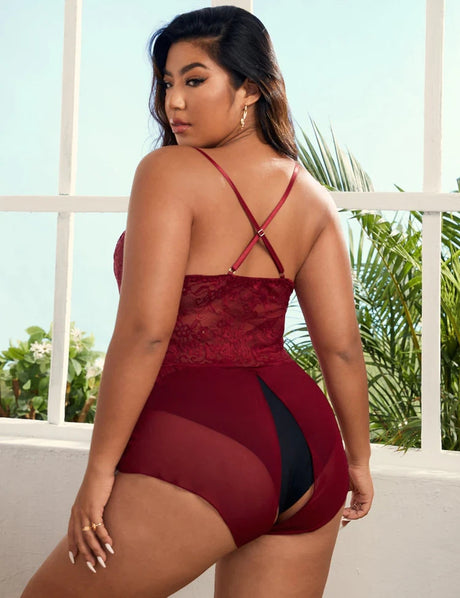 Women Plus Size Exquisite Lace Sleeve Teddy Bear-5