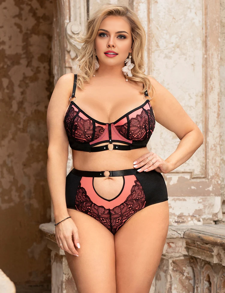 Women Plus Size Exquisite Lace Up Ladies Sexy 2 Piece Underwire Bra Set