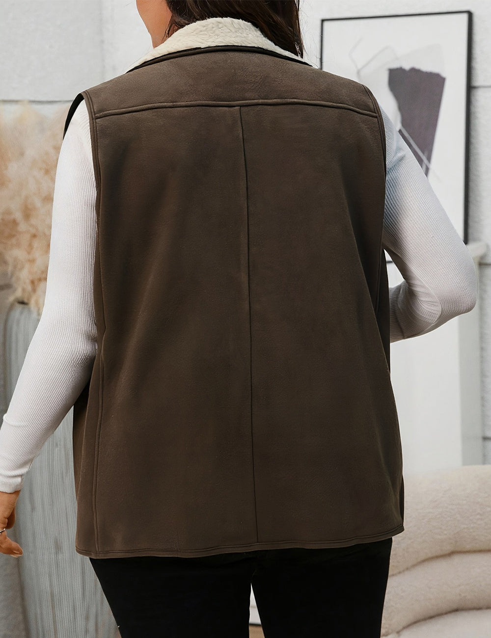 Women Plus Size Suede Dark Brown Lapel Collar Vest Coat