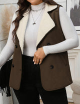 Women Plus Size Suede Dark Brown Lapel Collar Vest Coat