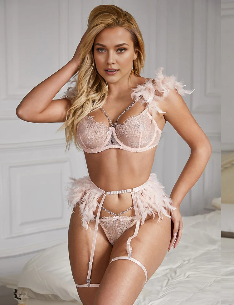 Women Plus Size Feather Lace Chain Sexy Bra Set-11
