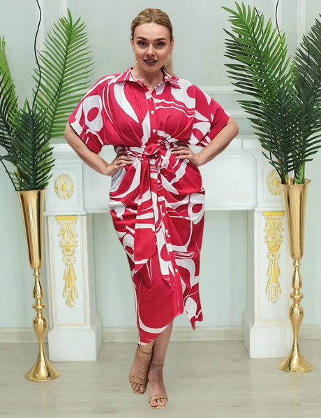 Women Plus Size Floral Belted Shirt Collar Dress