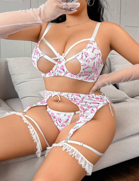 Women Plus Size Floral Cutout Satin Garter Lingerie Set