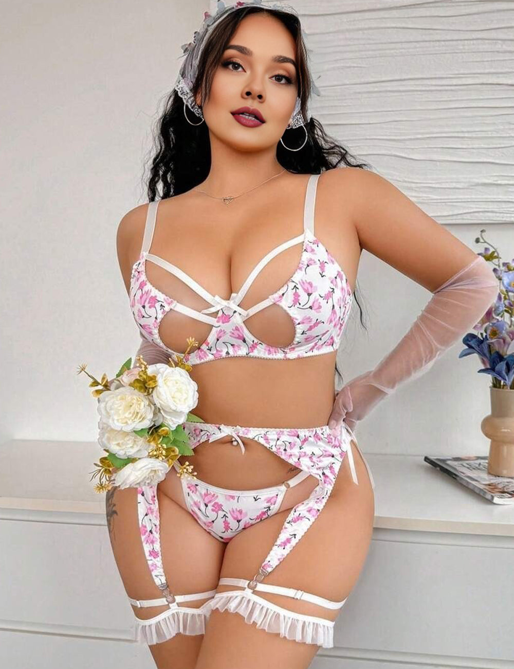 Women Plus Size Floral Cutout Satin Garter Lingerie Set