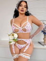 Women Plus Size Floral Cutout Satin Garter Lingerie Set