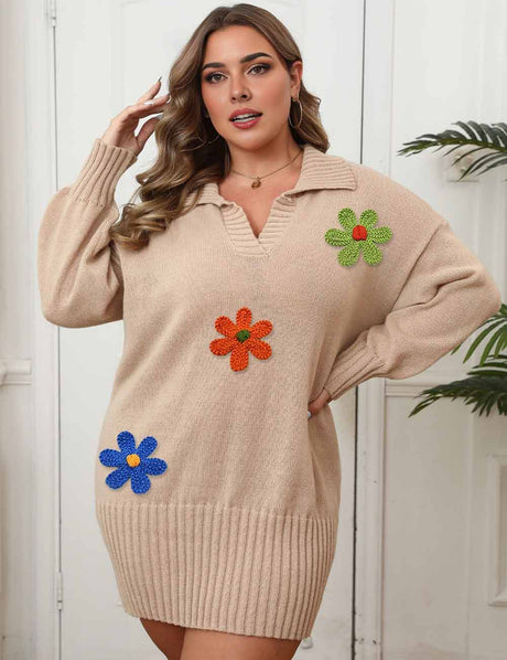 Women Plus Size Floral Embroidered Knit Sweater Dress