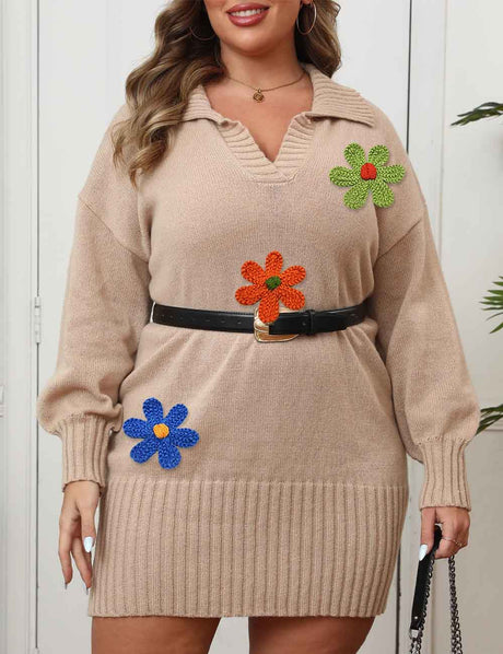 Women Plus Size Floral Embroidered Knit Sweater Dress