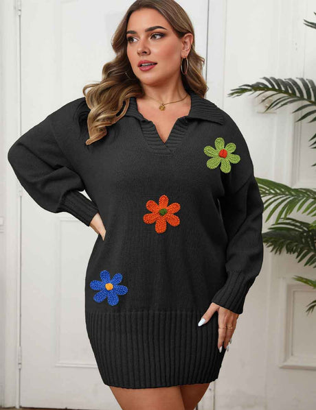 Women Plus Size Floral Embroidered Knit Sweater Dress