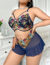 Women Plus Size Floral Embroidered Sheer Mesh Teddy | PRUSES