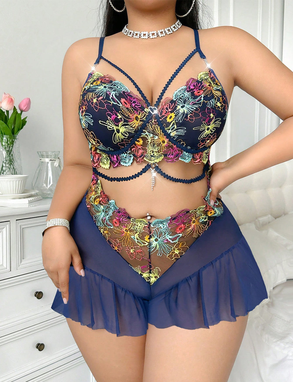 Women Plus Size Floral Embroidered Sheer Mesh Teddy | PRUSES
